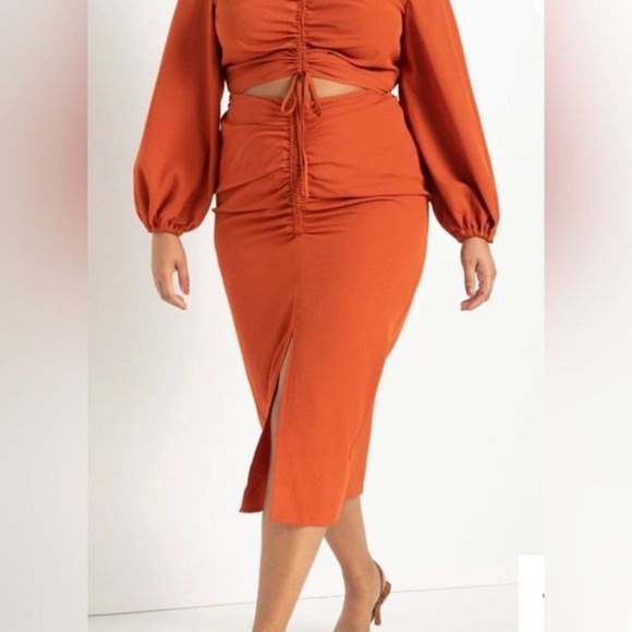 Eloquii Rust Orange Cinched Front Midi Skirt - Picture 1 of 5